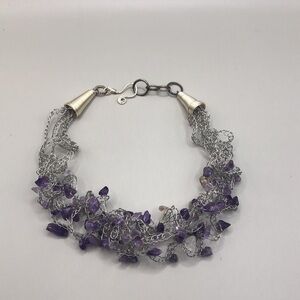 Handcrafted stretchy mesh amethyst chips beaded collar necklace.